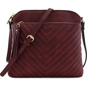 Chevron quilted medium crossbody bag burgundy wine with tassels
